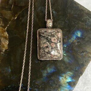 Sterling Silver 925 Rectangular Crinoid Fossil Cabochon Pendant Necklace 21"